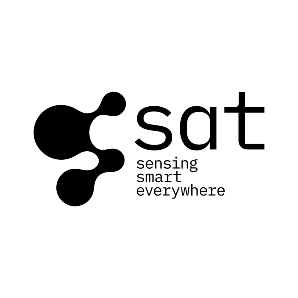 Logo of SAT with a stylized black shape and the text 'sensing smart everywhere'.