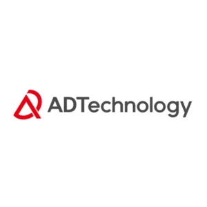 "Logo of ADTechnology with a red abstract symbol and grey text."