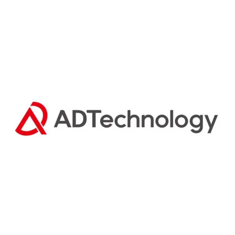 "Logo of ADTechnology with a red abstract symbol and grey text."