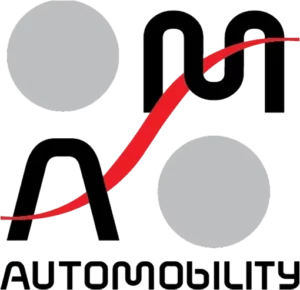 Logo of Automobility featuring stylized letters 'A' and 'M' connected by a red line and grey circles.