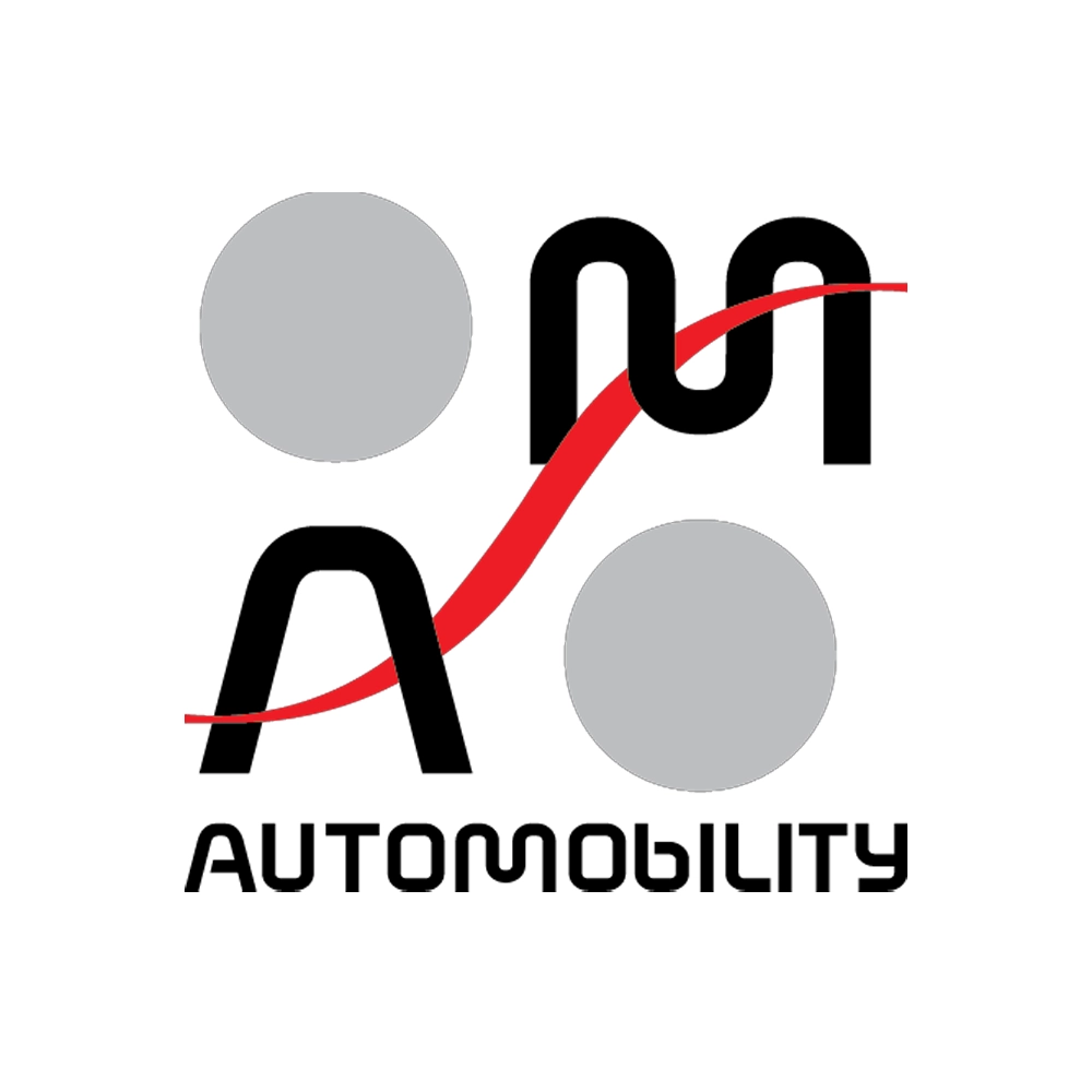 Logo of Automobility featuring stylized letters 'A' and 'M' connected by a red line and grey circles.