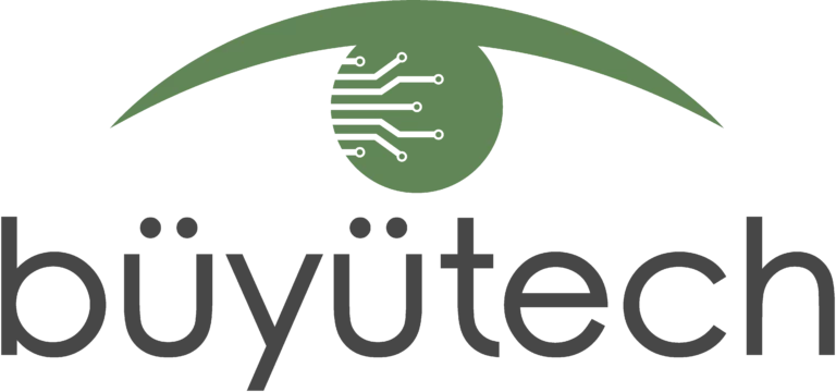 "Logo of Büyütech featuring a green arc, circuit design, and stylized text."